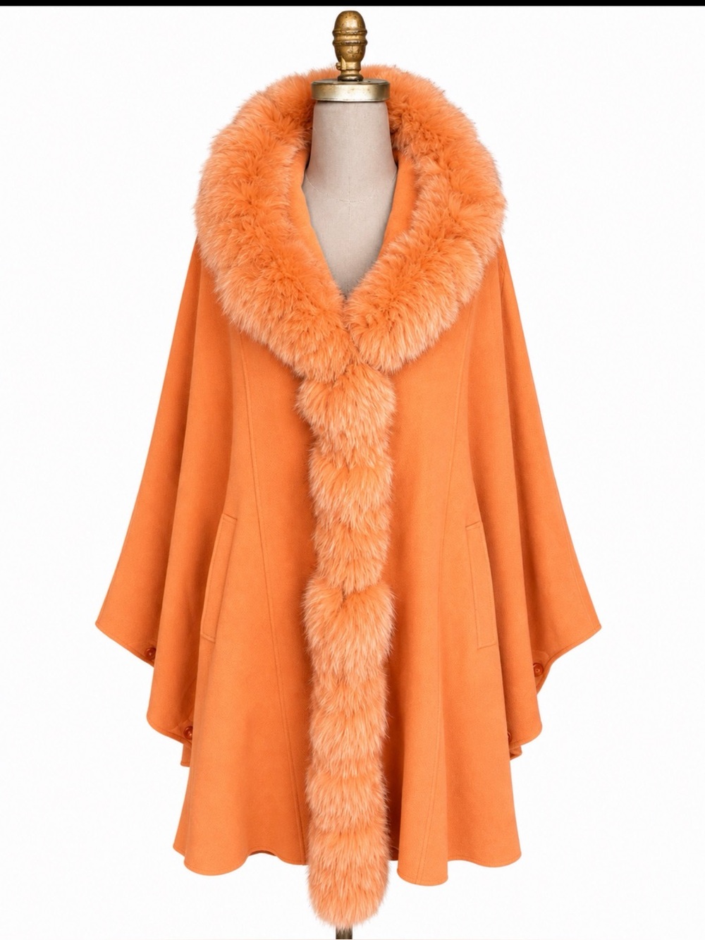 1980s Vintage Italian Wool & Cashmere Cape With Fur Collar Size M